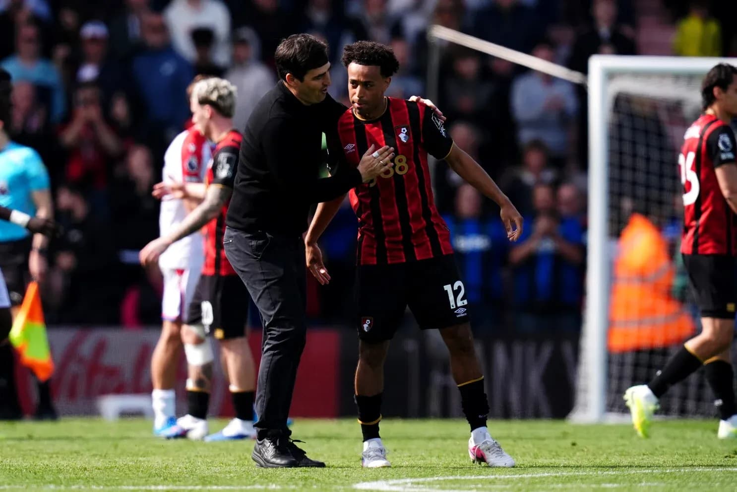 Bournemouth coach talking to player on pitch Bournemouth coach talking to player on pitch