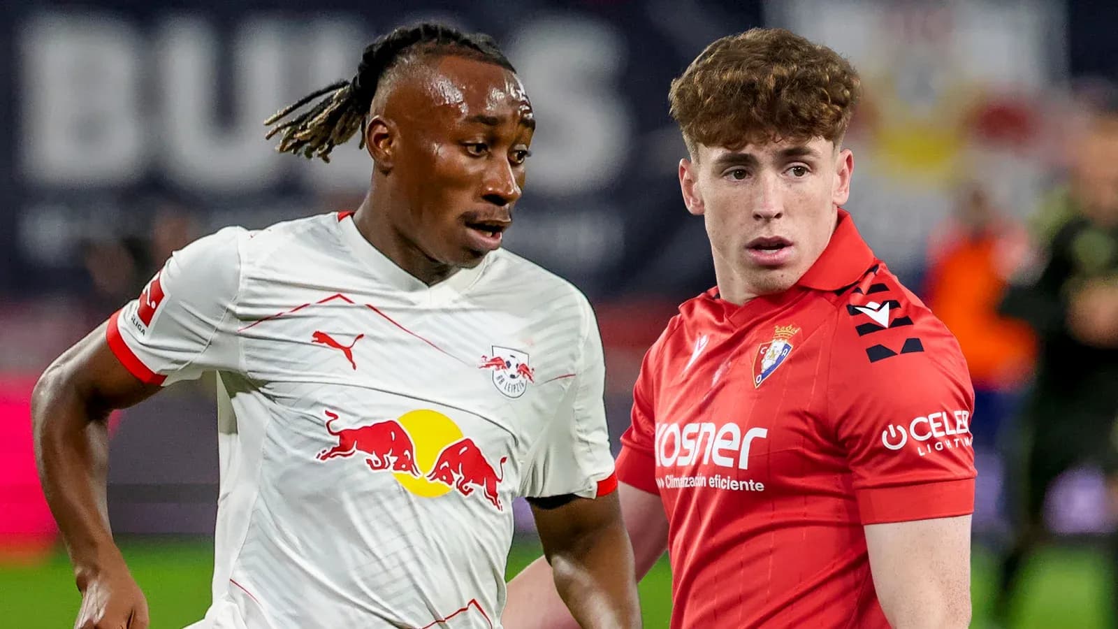 Two players in action during a football match Two players in action during a football match