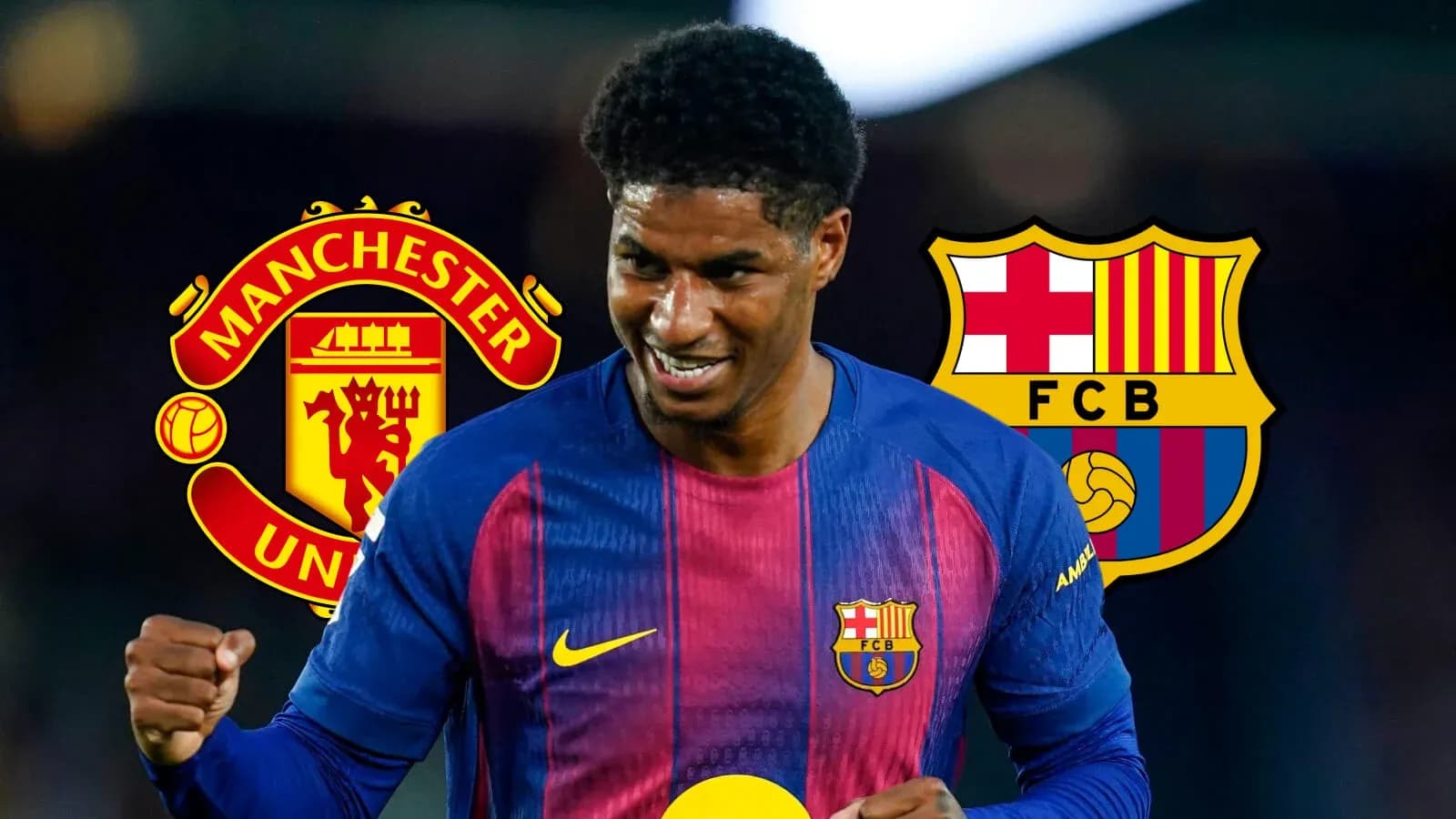 Player celebrating in Barcelona jersey with club logos Player celebrating in Barcelona jersey with club logos