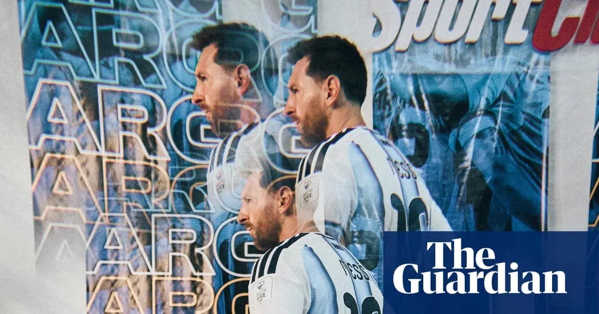 Lionel Messi in Argentina jersey against promotional backdrop Lionel Messi in Argentina jersey against promotional backdrop