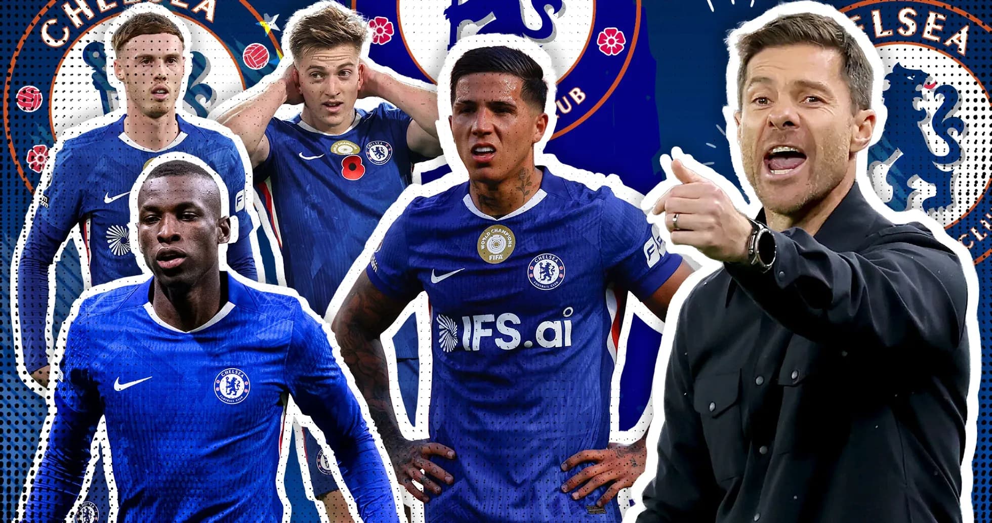 Chelsea players and coach in blue kits with club logo Chelsea players and coach in blue kits with club logo