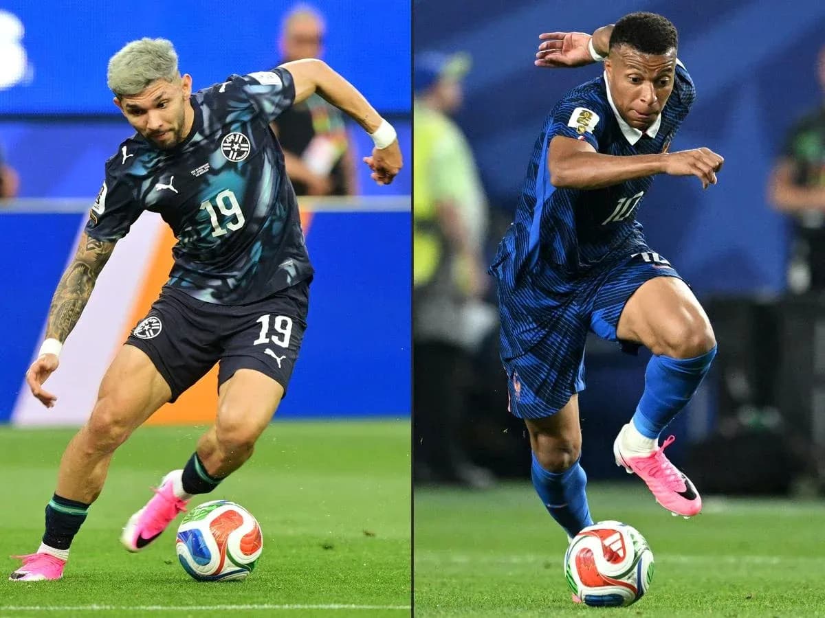 Paraguay and France players during football match Paraguay and France players during football match
