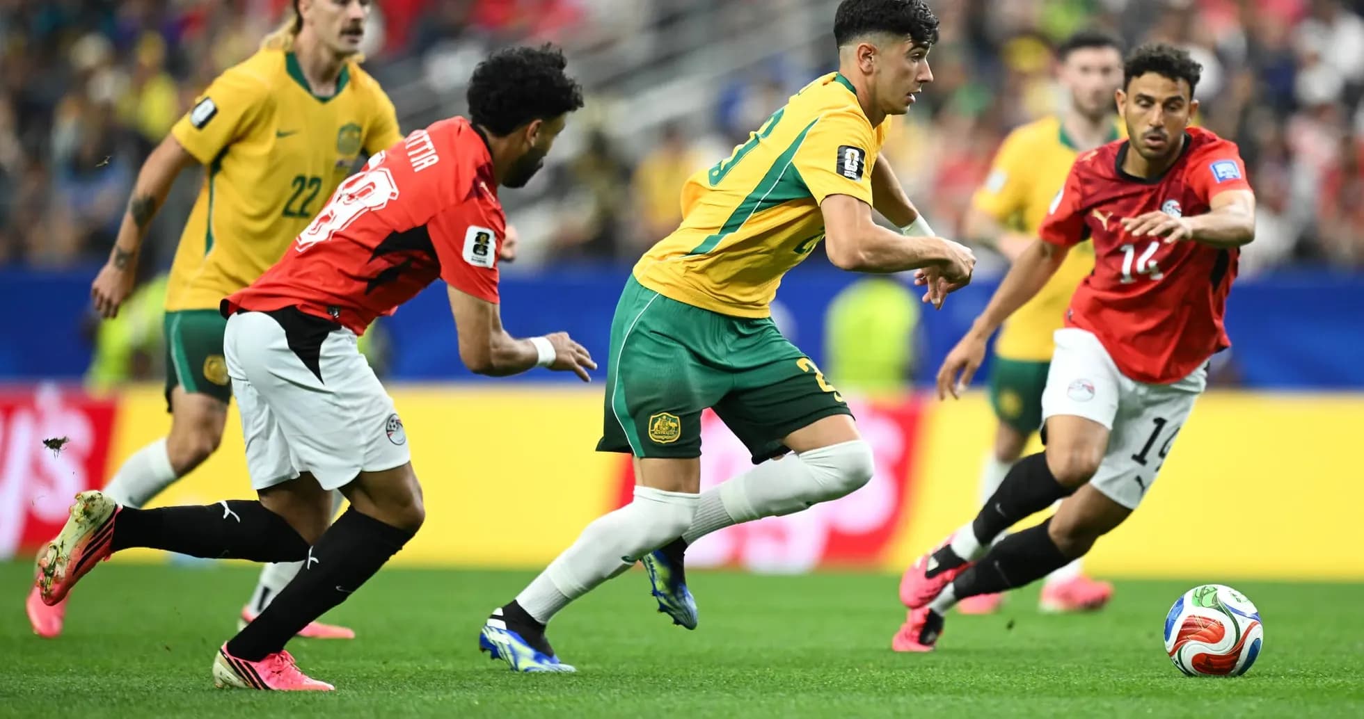 Australia and Egypt players competing for the ball Australia and Egypt players competing for the ball