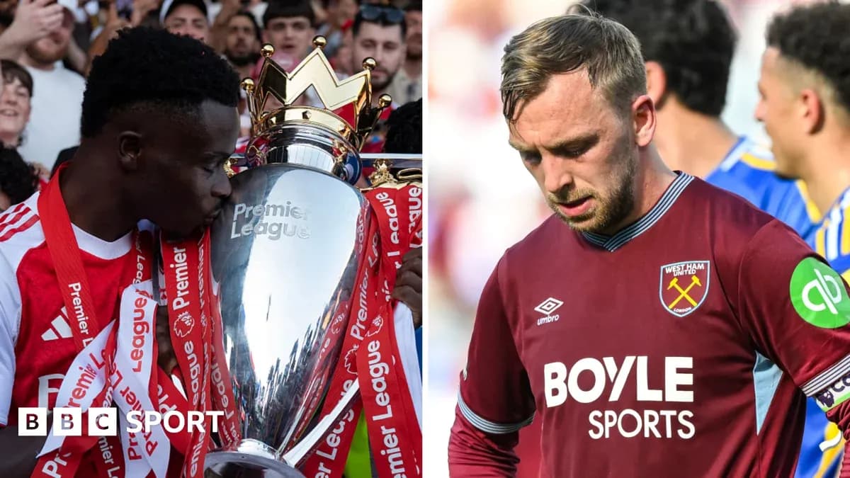 Player celebrating with Premier League trophy, another player disappointed Player celebrating with Premier League trophy, another player disappointed