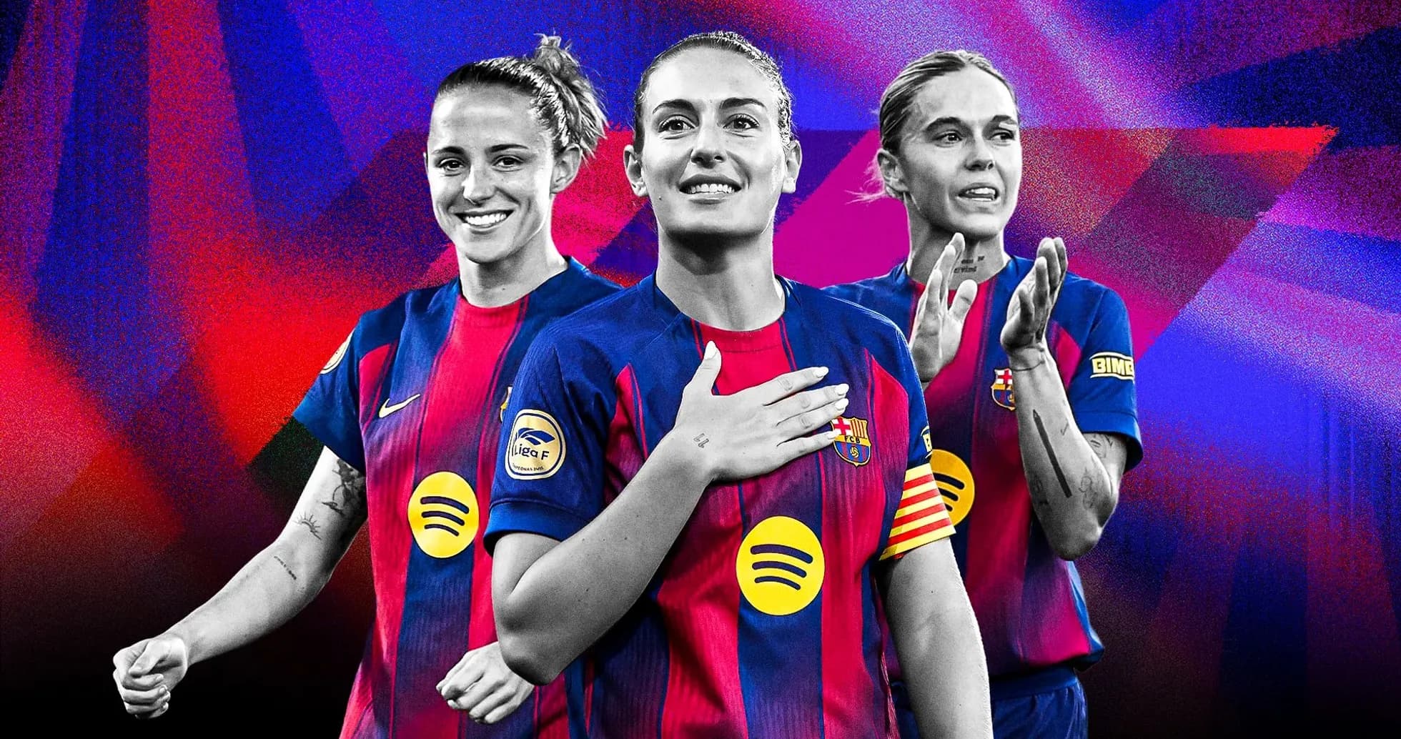 Three FC Barcelona female players posing together Three FC Barcelona female players posing together