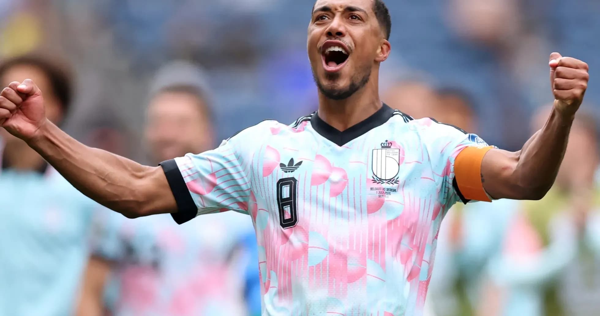 Player celebrating in Belgium football jersey Player celebrating in Belgium football jersey