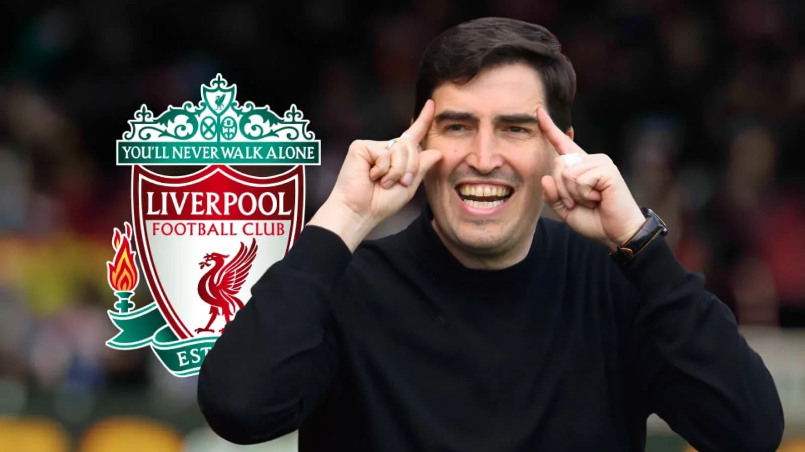 Coach gesturing with Liverpool FC logo in background Coach gesturing with Liverpool FC logo in background