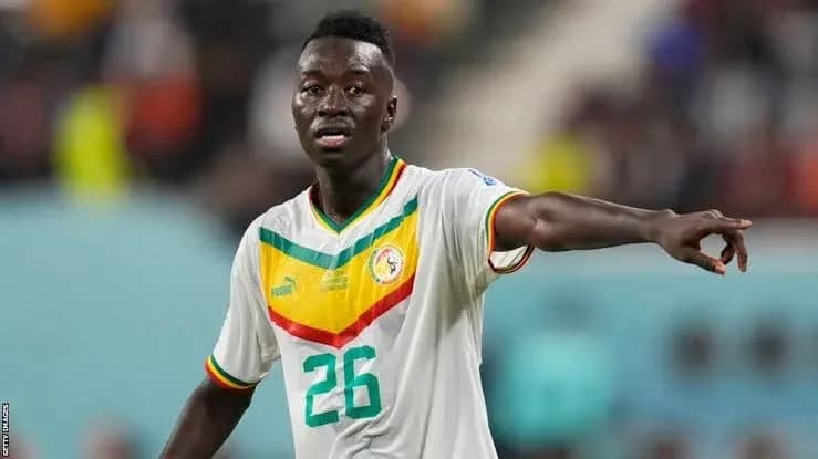 Player in Senegal jersey directing teammates during match Player in Senegal jersey directing teammates during match