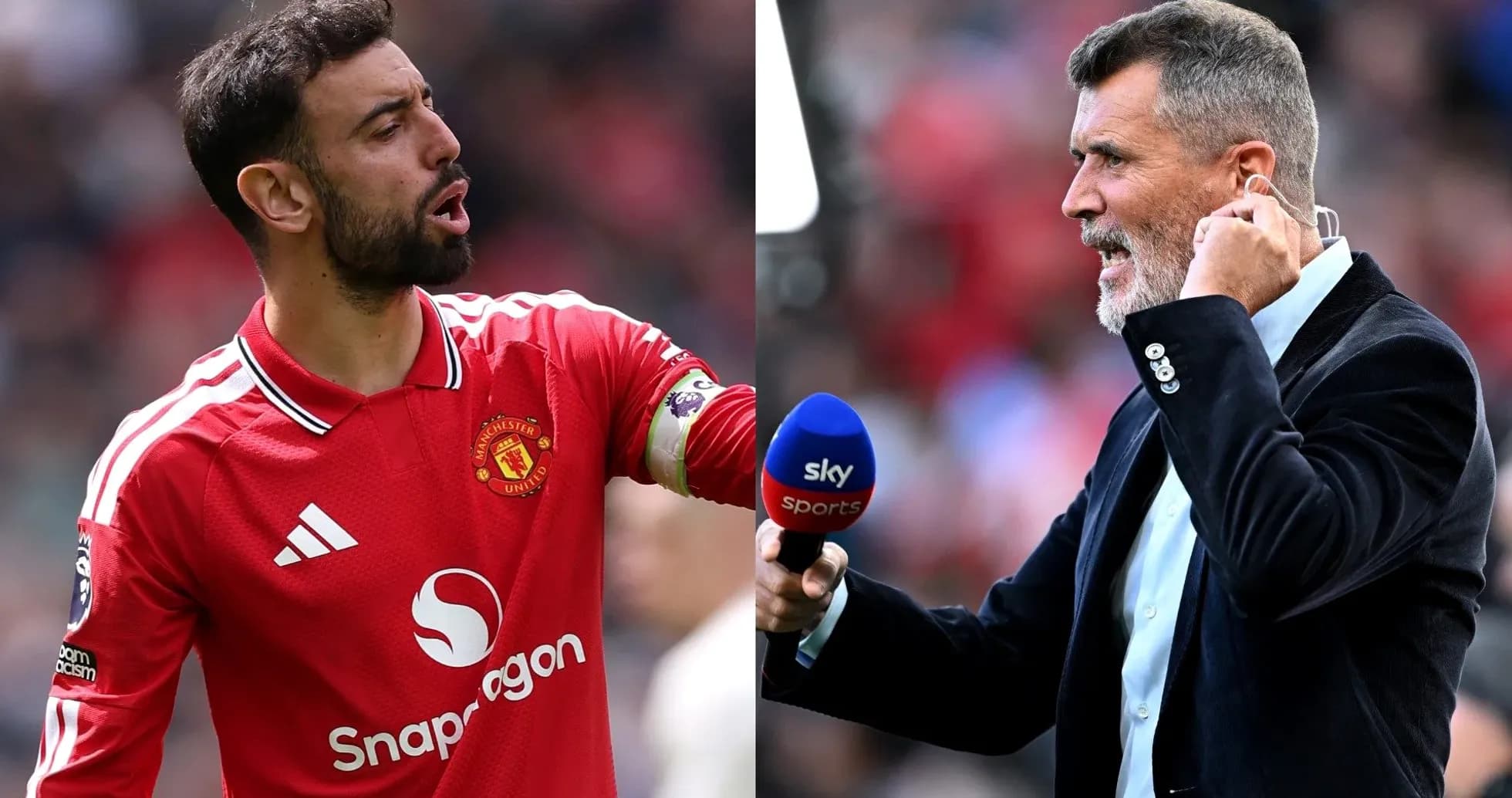 Bruno Fernandes and Roy Keane in split image Bruno Fernandes and Roy Keane in split image