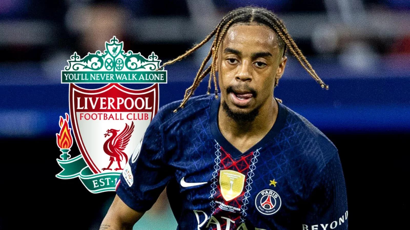 Player in PSG jersey with Liverpool logo overlay Player in PSG jersey with Liverpool logo overlay