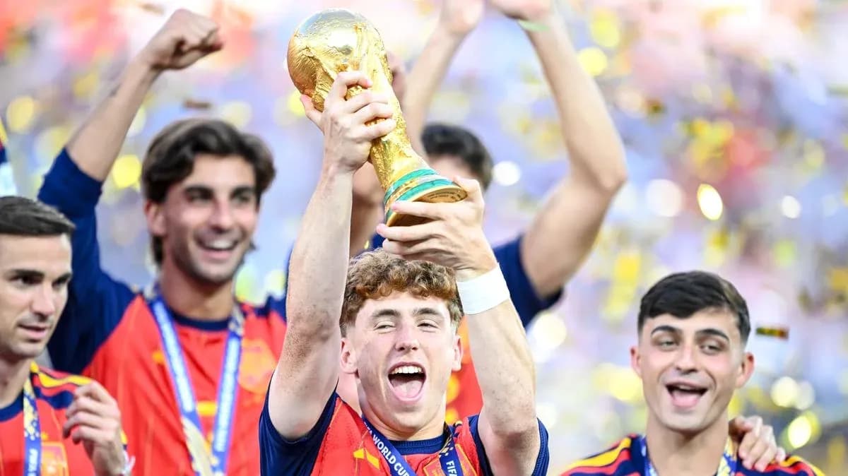 Player celebrating with World Cup trophy surrounded by teammates Player celebrating with World Cup trophy surrounded by teammates
