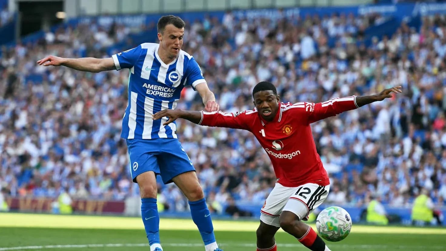 Brighton and Manchester United players battling for the ball Brighton and Manchester United players battling for the ball