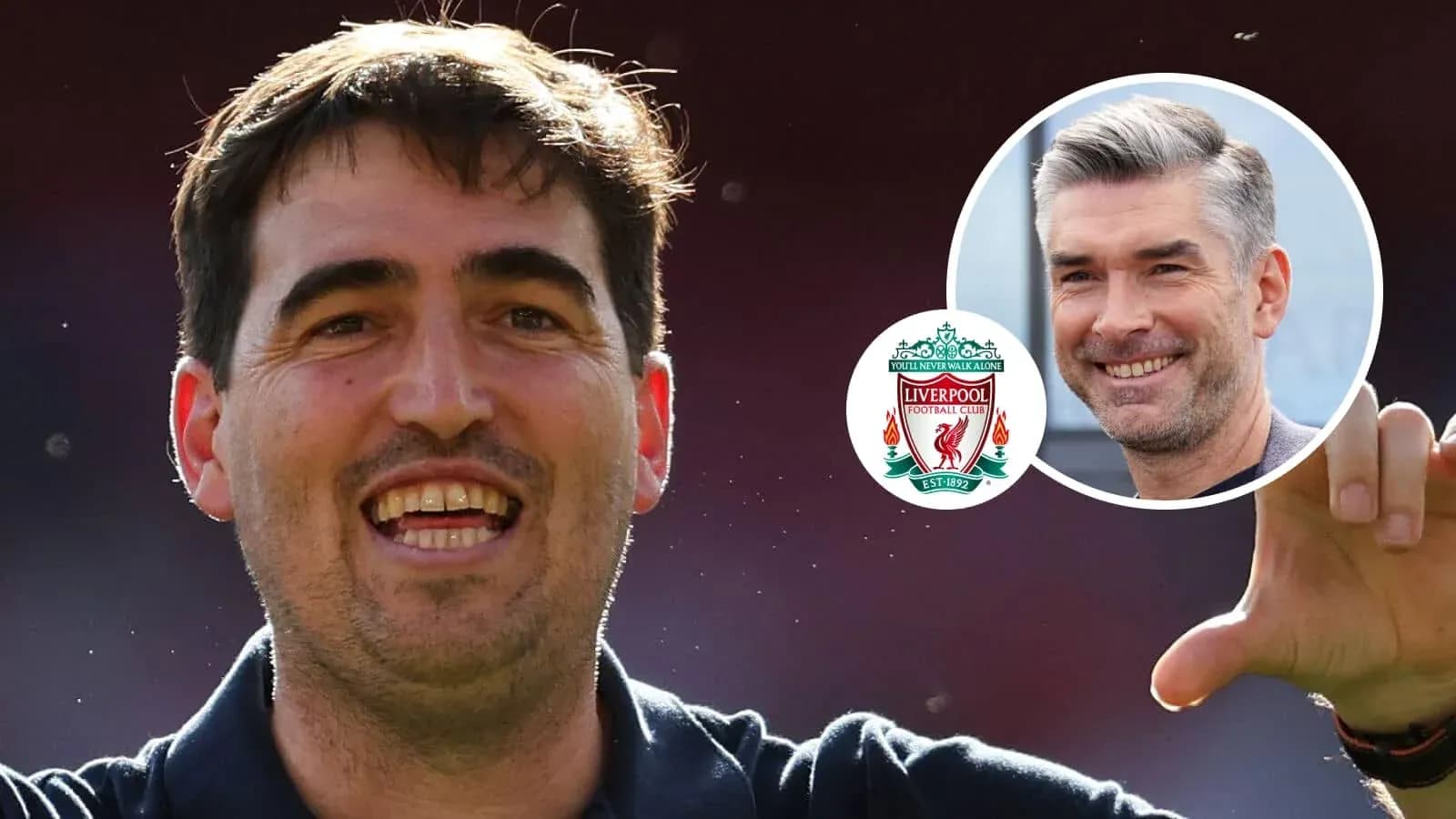 Coach celebrating with Liverpool badge in background Coach celebrating with Liverpool badge in background