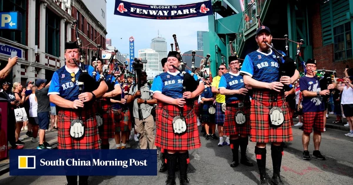 Bagpipe players in kilts at Fenway Park entrance Bagpipe players in kilts at Fenway Park entrance