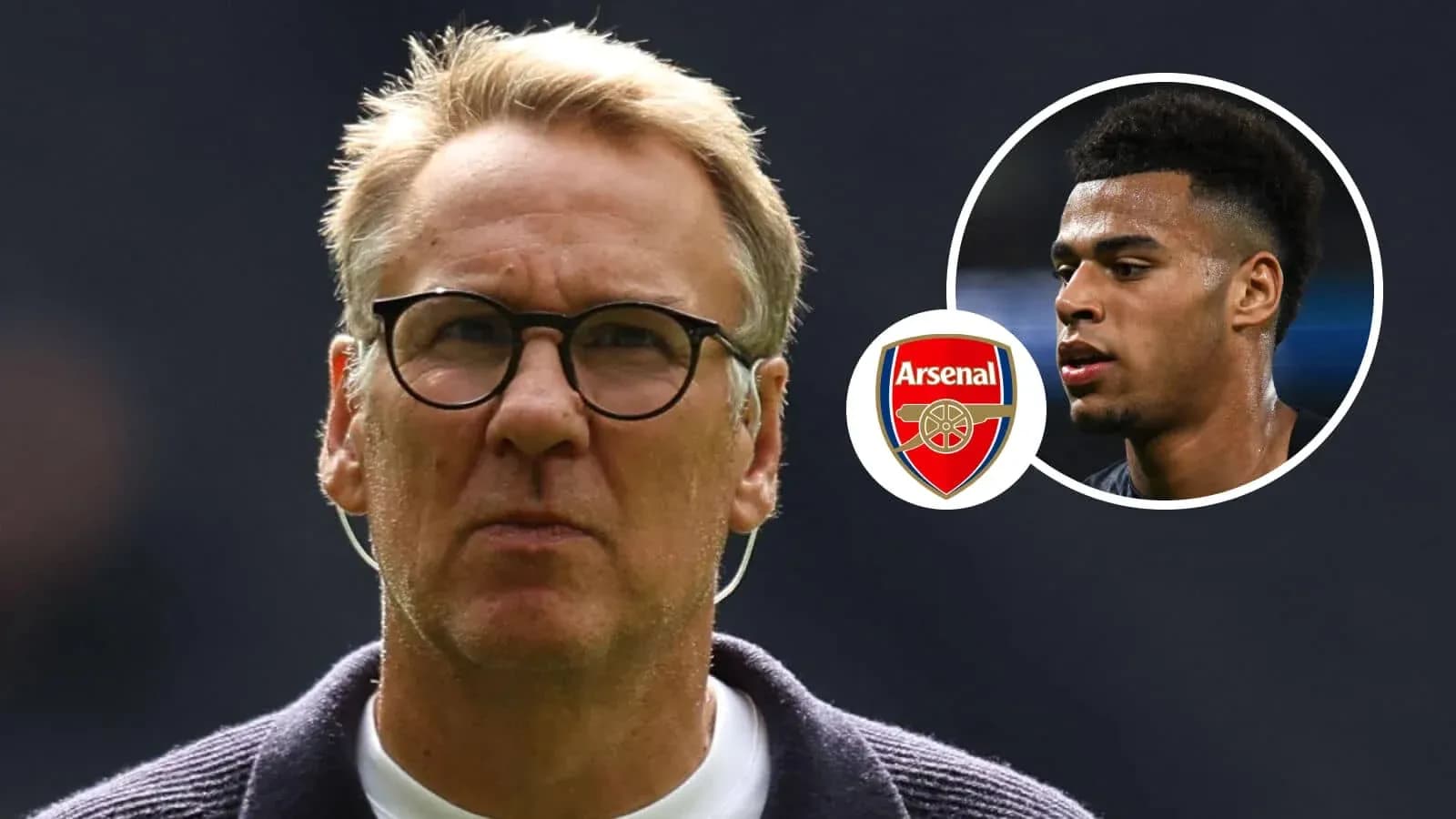 Man in glasses with Arsenal logo and player image Man in glasses with Arsenal logo and player image