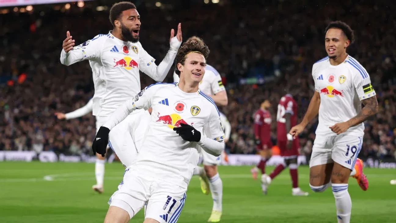 Leeds players celebrating a goal during match Leeds players celebrating a goal during match