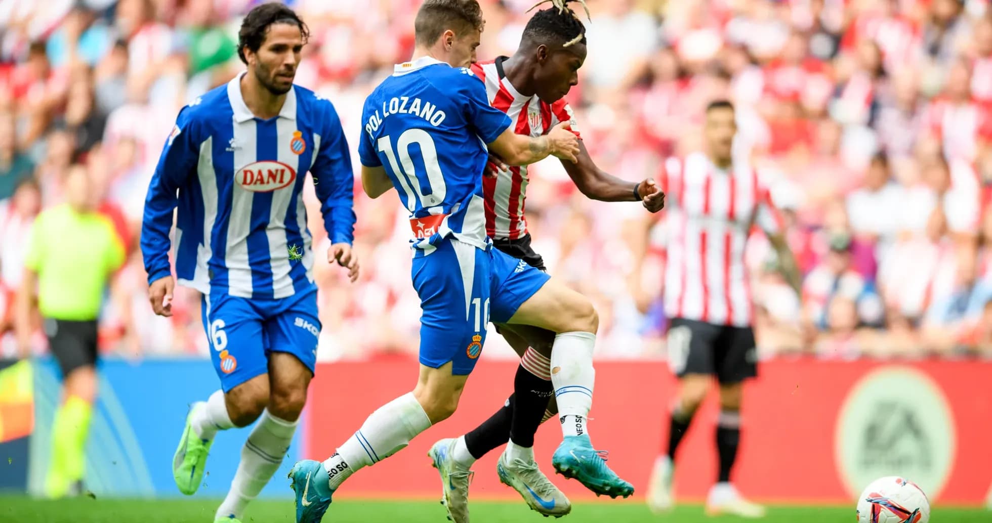 Pol Lozano challenging for the ball in La Liga match Pol Lozano challenging for the ball in La Liga match