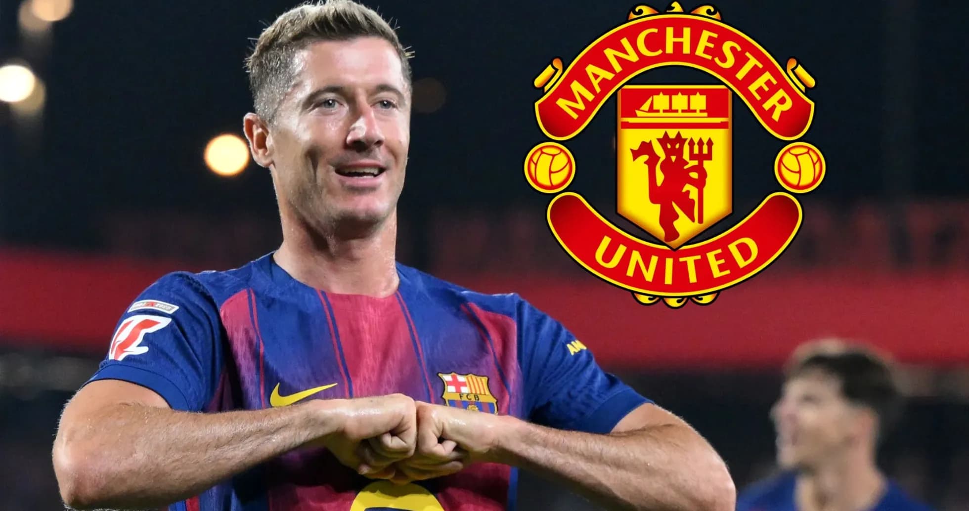 Player celebrating in Barcelona kit with Manchester United logo Player celebrating in Barcelona kit with Manchester United logo