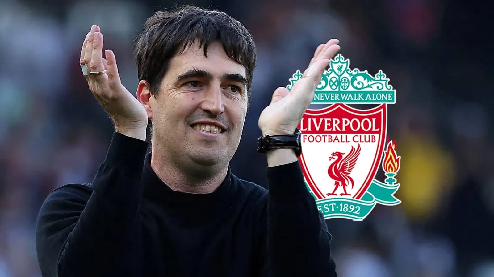 Man gesturing positively with Liverpool logo in background Man gesturing positively with Liverpool logo in background